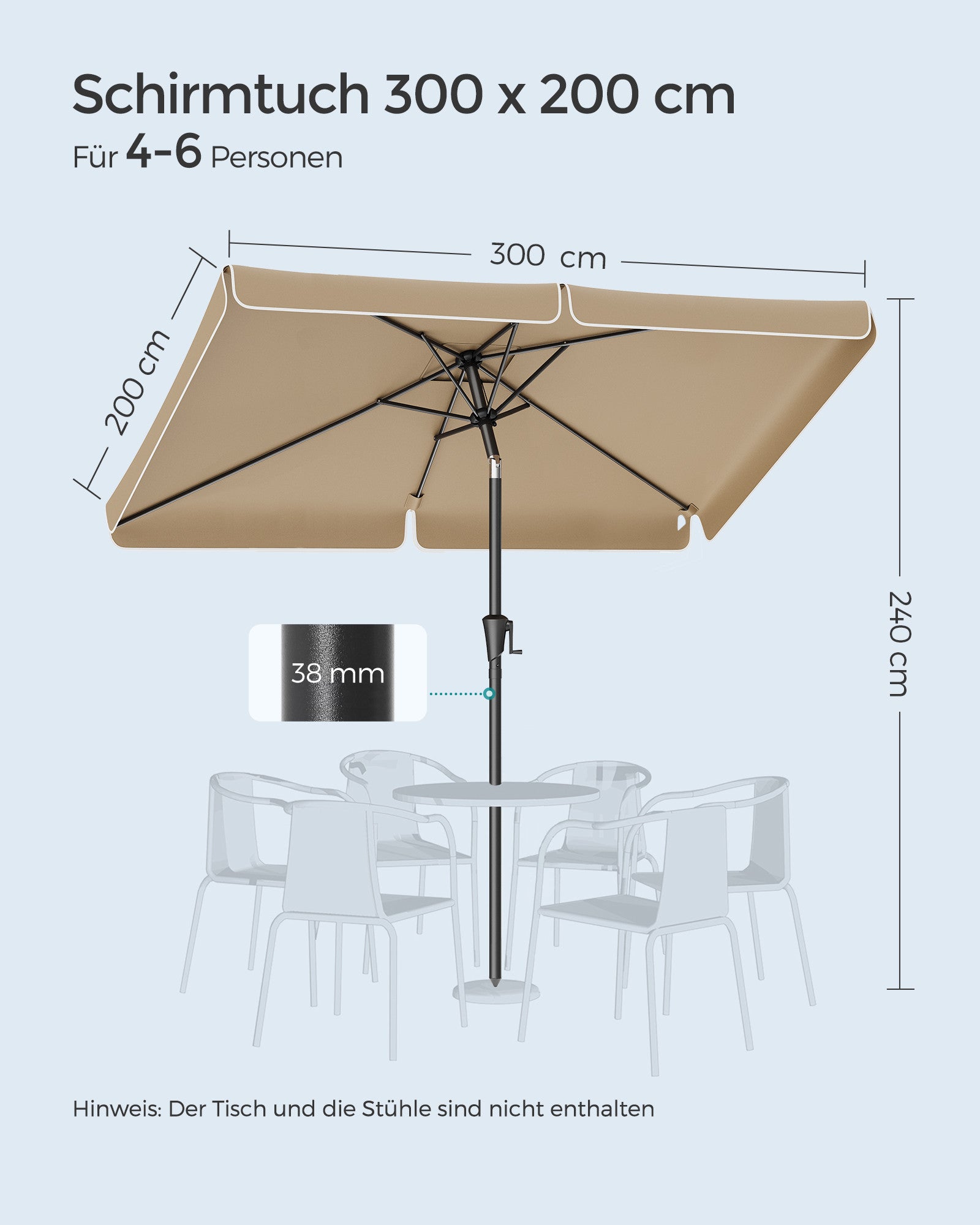 SONGMICS Umbrela de gradina cu manivela, UPF 50+, inclinare 30°, structura metalica, 300x200 cm, maro taupe
