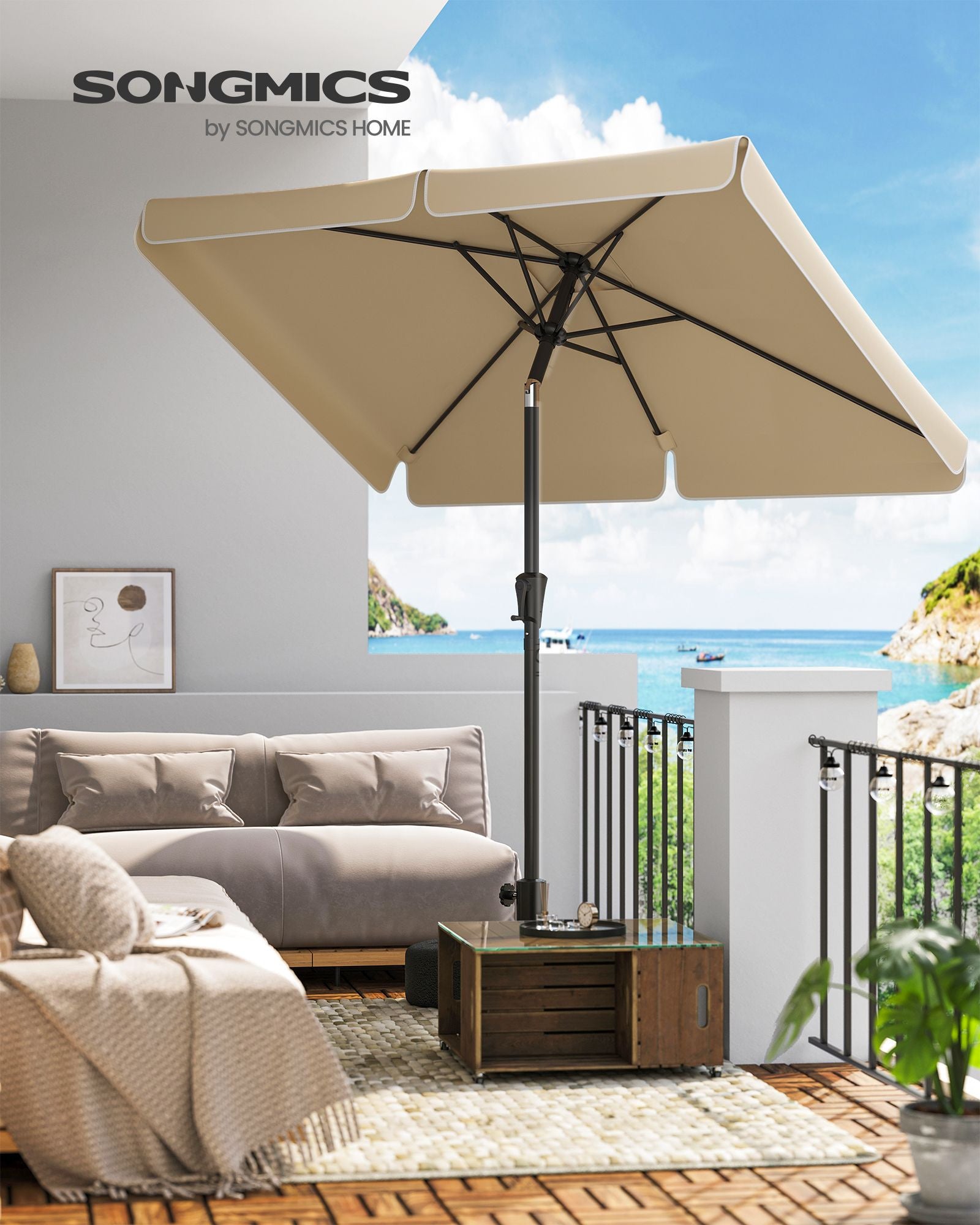 SONGMICS Umbrela de gradina cu manivela, UPF 50+, inclinare 30°, structura metalica, 300x200 cm, maro taupe