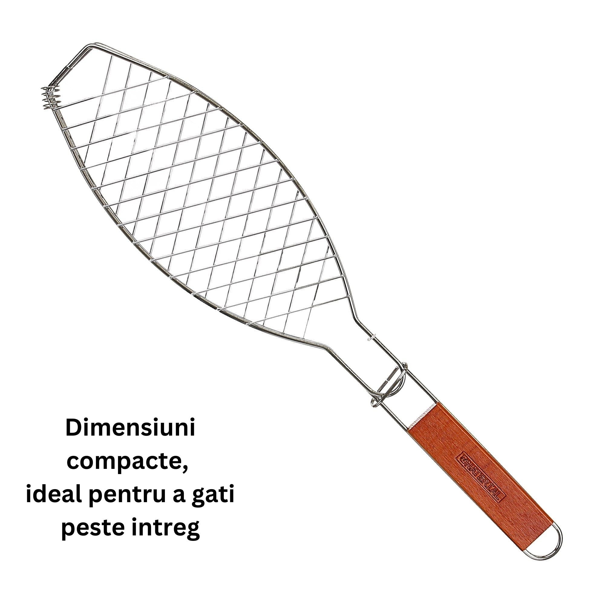 Gratar Grill Inox pentru Peste, cu Maner, de Dimensiuni Reduse, Usor de Transportat si Depozitat, Argintiu, 56x12 cm