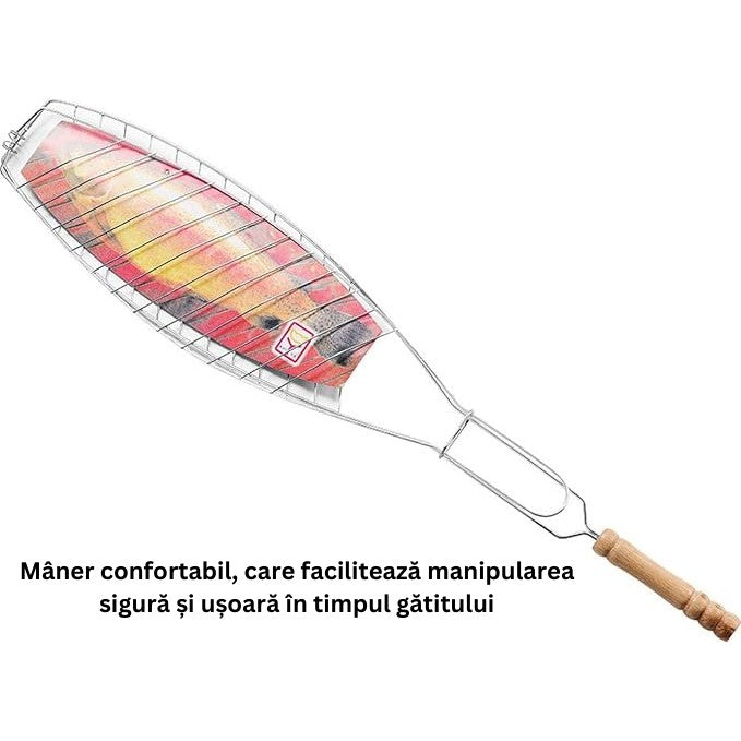 Gratar Grill Inox pentru Peste, cu Maner, de Dimensiuni Reduse, Usor de Transportat si Depozitat, Argintiu, 56x12 cm