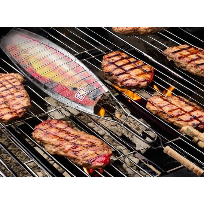 Gratar Grill Inox pentru Peste, cu Maner, de Dimensiuni Reduse, Usor de Transportat si Depozitat, Argintiu, 56x12 cm