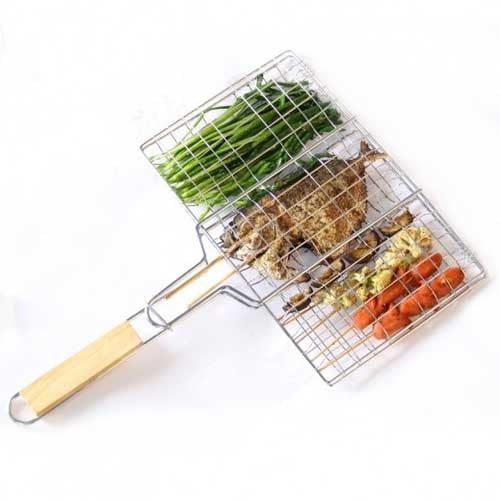 Gratar pentru Peste si Carne, Suprafata Utila 32x19 cm, Otel Inoxidabil, cu Maner, Portabil, Argintiu