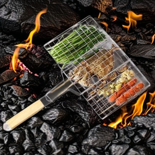 Gratar pentru Peste si Carne, Suprafata Utila 32x19 cm, Otel Inoxidabil, cu Maner, Portabil, Argintiu