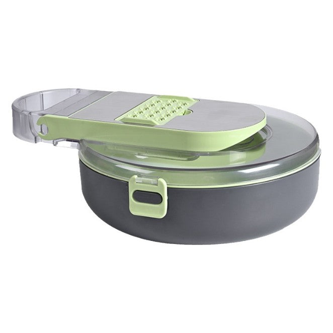 Feliator Multifunctional, Razatoare, 8 in 1, pentru Fructe si Legume, 12 Piese, Lame de Inox, Recipient Stocare, Separator Oua, Protectie Mana, ABS, Gri/Verde, 29.5x9x21.8 cm
