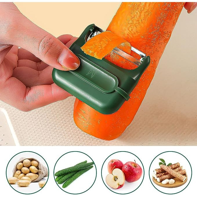 Decojitor/Curatator manual de legume si fructe, portabil, cu magnet, doua lame, Inox, Verde, 6.7x6x1.6 cm