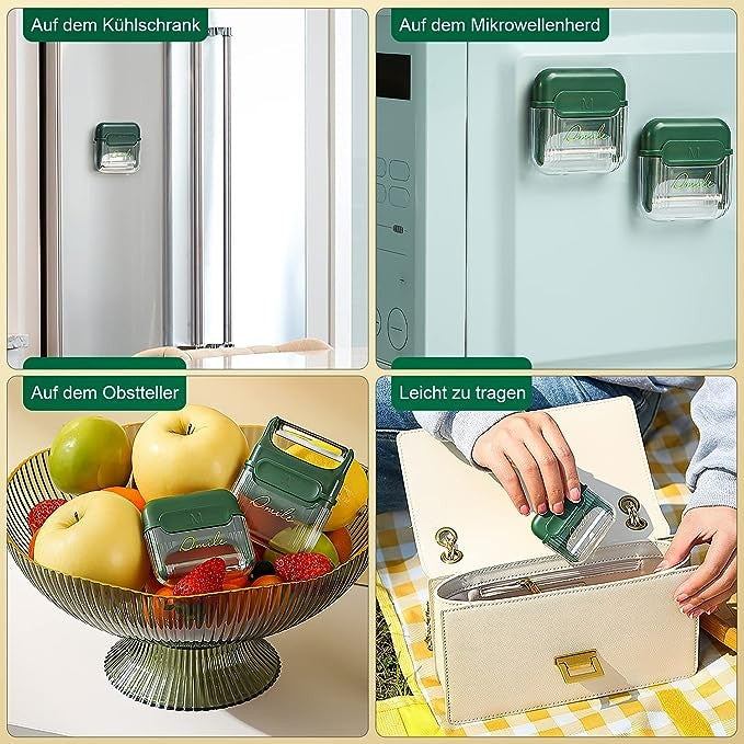 Decojitor/Curatator manual de legume si fructe, portabil, cu magnet, doua lame, Inox, Verde, 6.7x6x1.6 cm