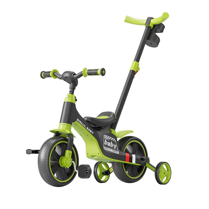Bicicleta Multifunctionala pentru Copii, 3 in 1 Bicicleta Troller Tricicleta, 2-6 ani, cu Roti Auxiliare, Ghidon si Scaun Reglabil, 93 x 78 x 43 cm, Negru Verde
