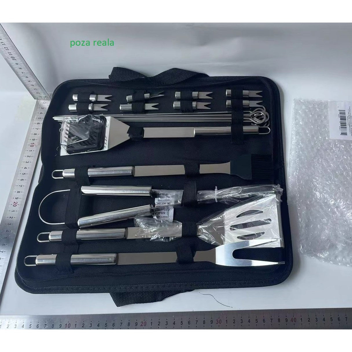 Set 18 Ustensile pentru Gratar, din Otel Inoxidabil, Geanta Oxford, Argintiu