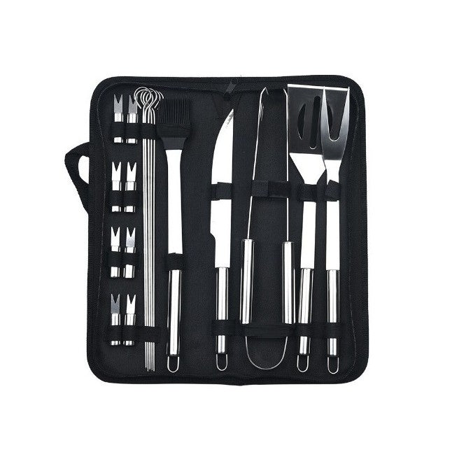 Set 18 Ustensile pentru Gratar, din Otel Inoxidabil, Geanta Oxford, Argintiu