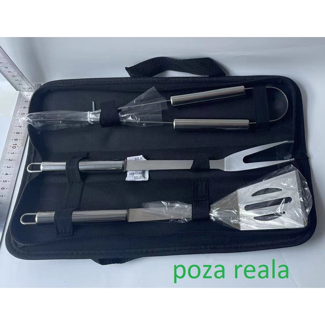 Set 3 Ustensile pentru Gratar, din Otel Inoxidabil, Geanta Oxford, Argintiu