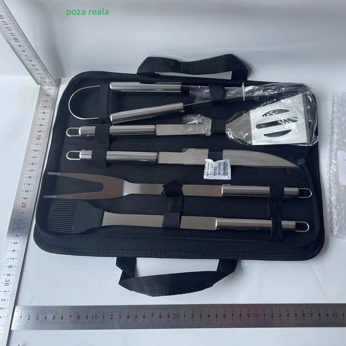 Set 5 Ustensile pentru Gratar, din Otel Inoxidabil, Geanta Oxford, Argintiu