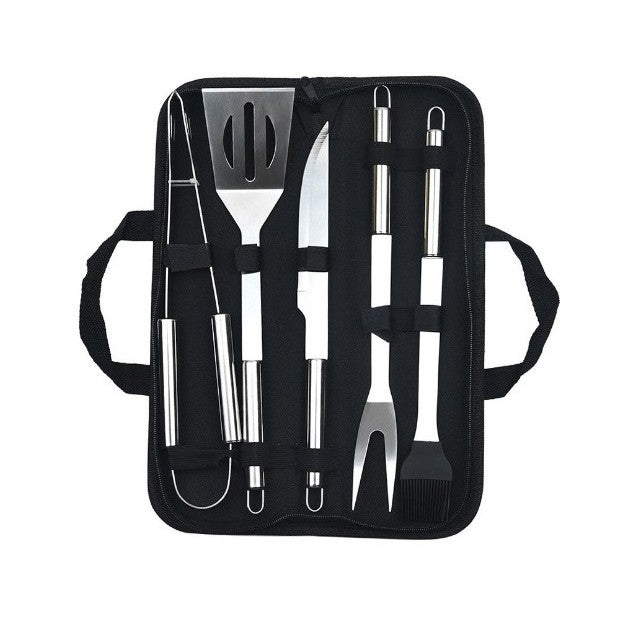 Set 5 Ustensile pentru Gratar, din Otel Inoxidabil, Geanta Oxford, Argintiu