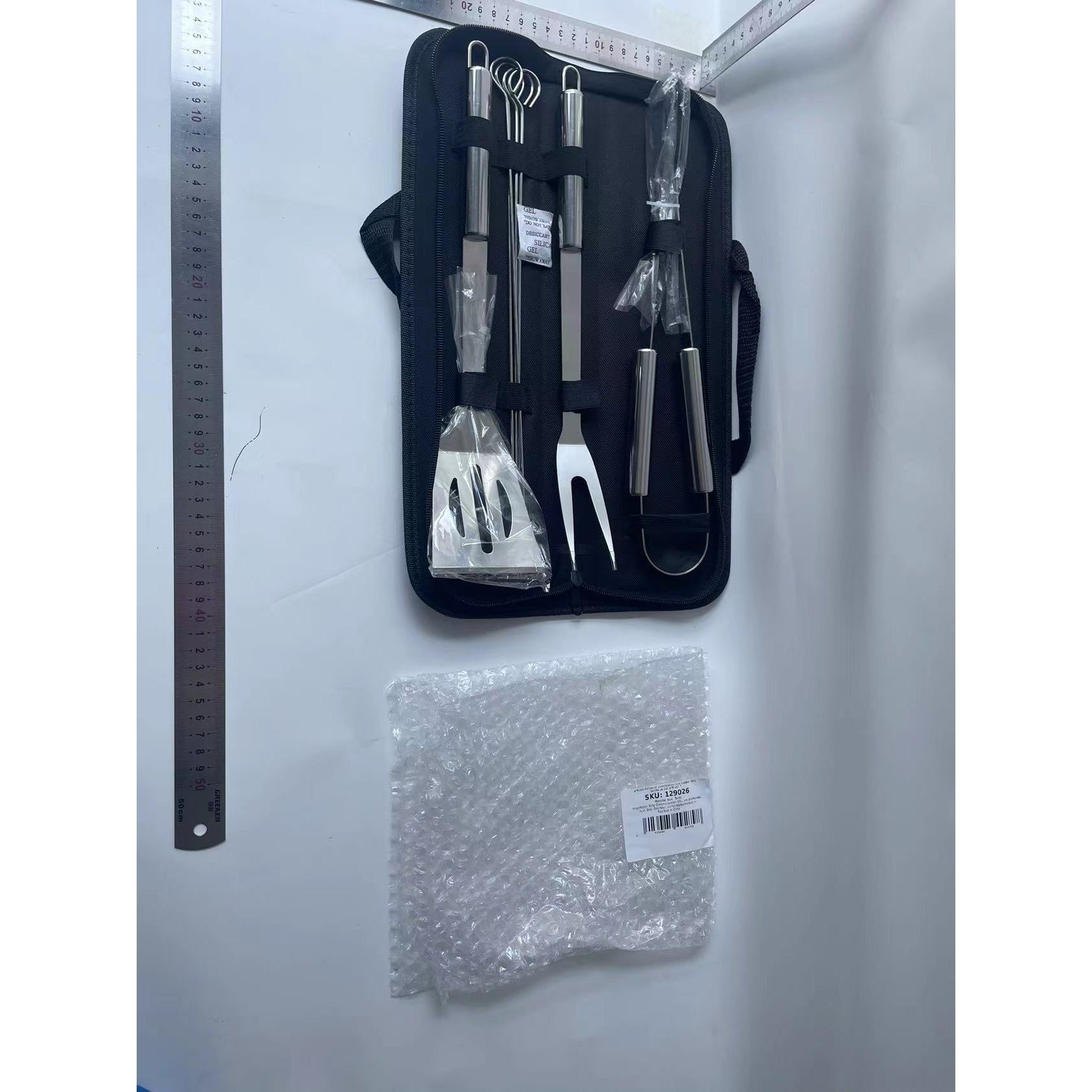 Set 7 Ustensile pentru Gratar, din Otel Inoxidabil, Geanta Oxford, Argintiu