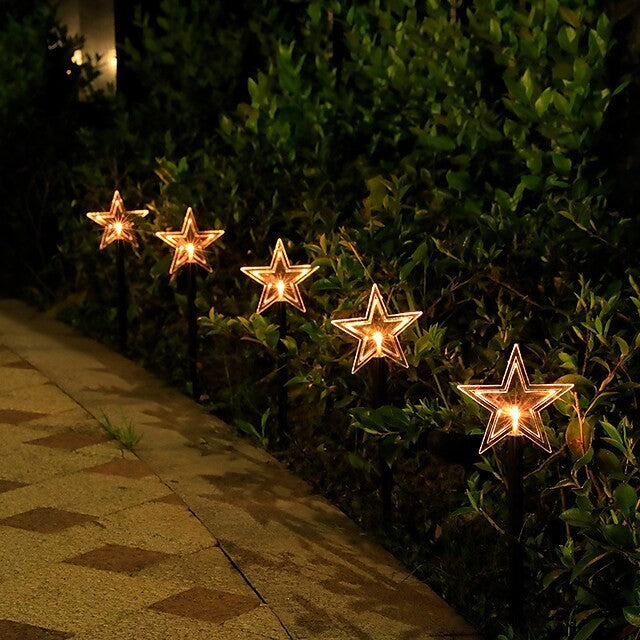 Set 5 Lampi solare LED de exterior Model Stea, pentru gradina, 35.5 cm, Alb Cald