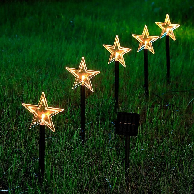 Set 5 Lampi solare LED de exterior Model Stea, pentru gradina, 35.5 cm, Alb Cald