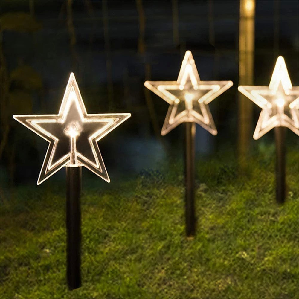 Set 5 Lampi solare LED de exterior Model Stea, pentru gradina, 35.5 cm, Alb Cald