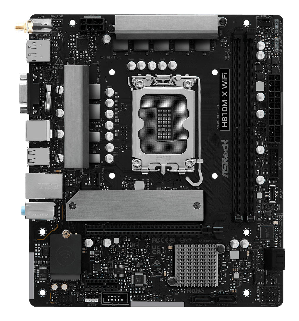 Placa de baza AsRock "H810M-X WIFI", skt. LGA 1851, chipset Intel H810, mATX, 2 x DDR5 max. 128 GB, USB 3.2 gen1 A, Type-C, 2.5 GHz Lan, 4 x SATA, 2 x M.2, PCIe 4.0, HDMI, VGA, DisplayPort, "H810M-X WIFI"