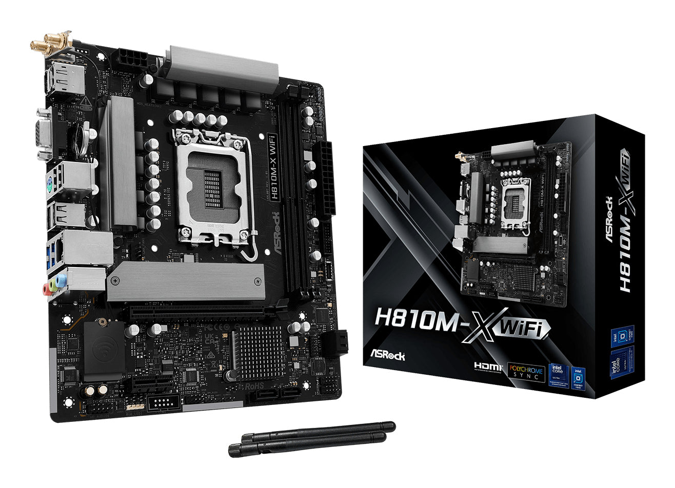 Placa de baza AsRock "H810M-X WIFI", skt. LGA 1851, chipset Intel H810, mATX, 2 x DDR5 max. 128 GB, USB 3.2 gen1 A, Type-C, 2.5 GHz Lan, 4 x SATA, 2 x M.2, PCIe 4.0, HDMI, VGA, DisplayPort, "H810M-X WIFI"