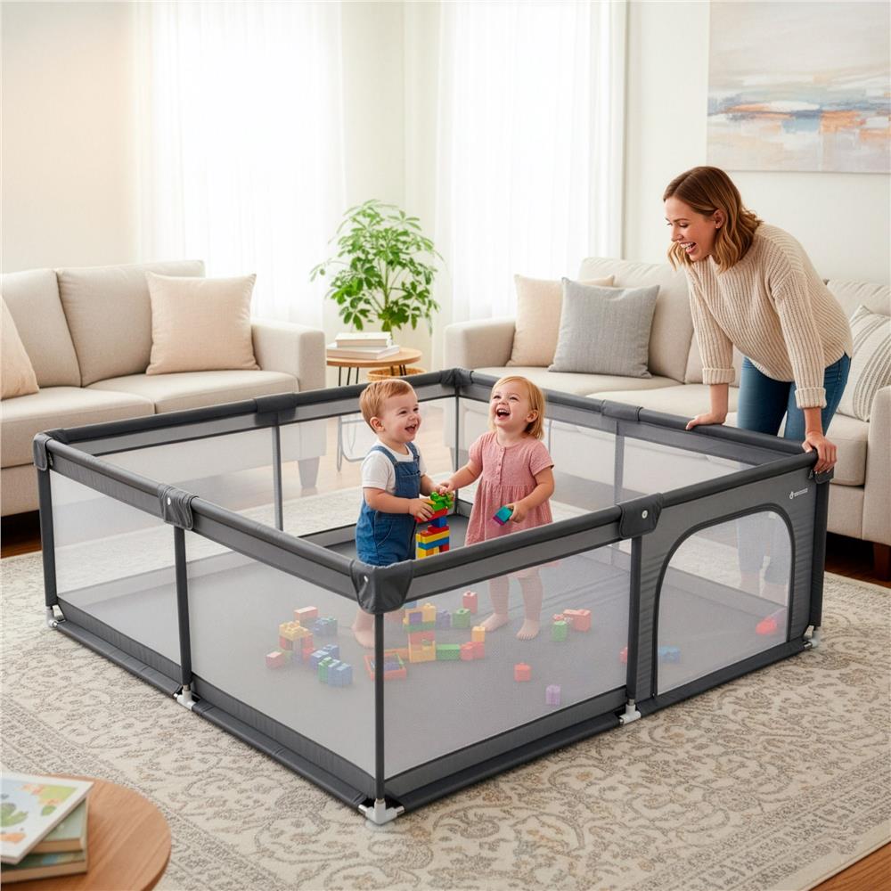 Tarc de joaca pliabil pentru copii, cu intrare cu fermoar, 200x180x66 cm, gri