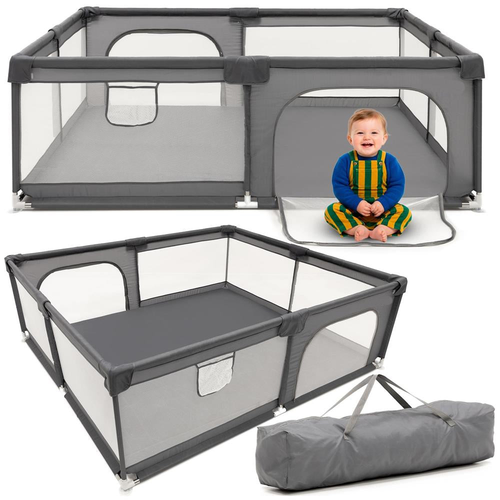 Tarc de joaca pliabil pentru copii, cu intrare cu fermoar, 180x150x66 cm, gri
