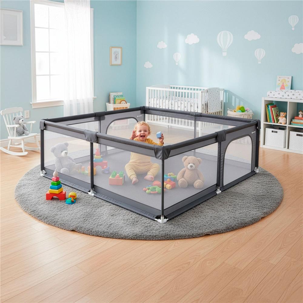 Tarc de joaca pliabil pentru copii, cu intrare cu fermoar, 180x150x66 cm, gri