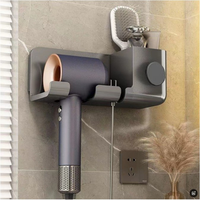 Suport de Baie, pentru Uscator de Par, cu Organizator Dublu, din Plastic, Aplicare cu Suport Adeziv, 23 x 8.8 x 9.5 cm, Negru
