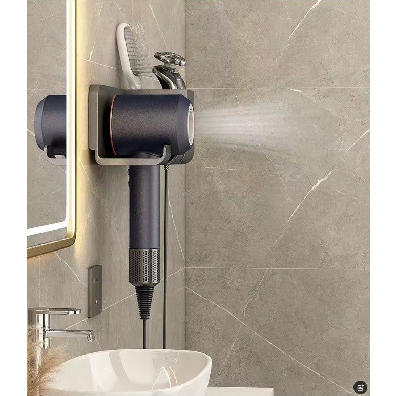 Suport de Baie, pentru Uscator de Par, cu Organizator Dublu, din Plastic, Aplicare cu Suport Adeziv, 23 x 8.8 x 9.5 cm, Negru