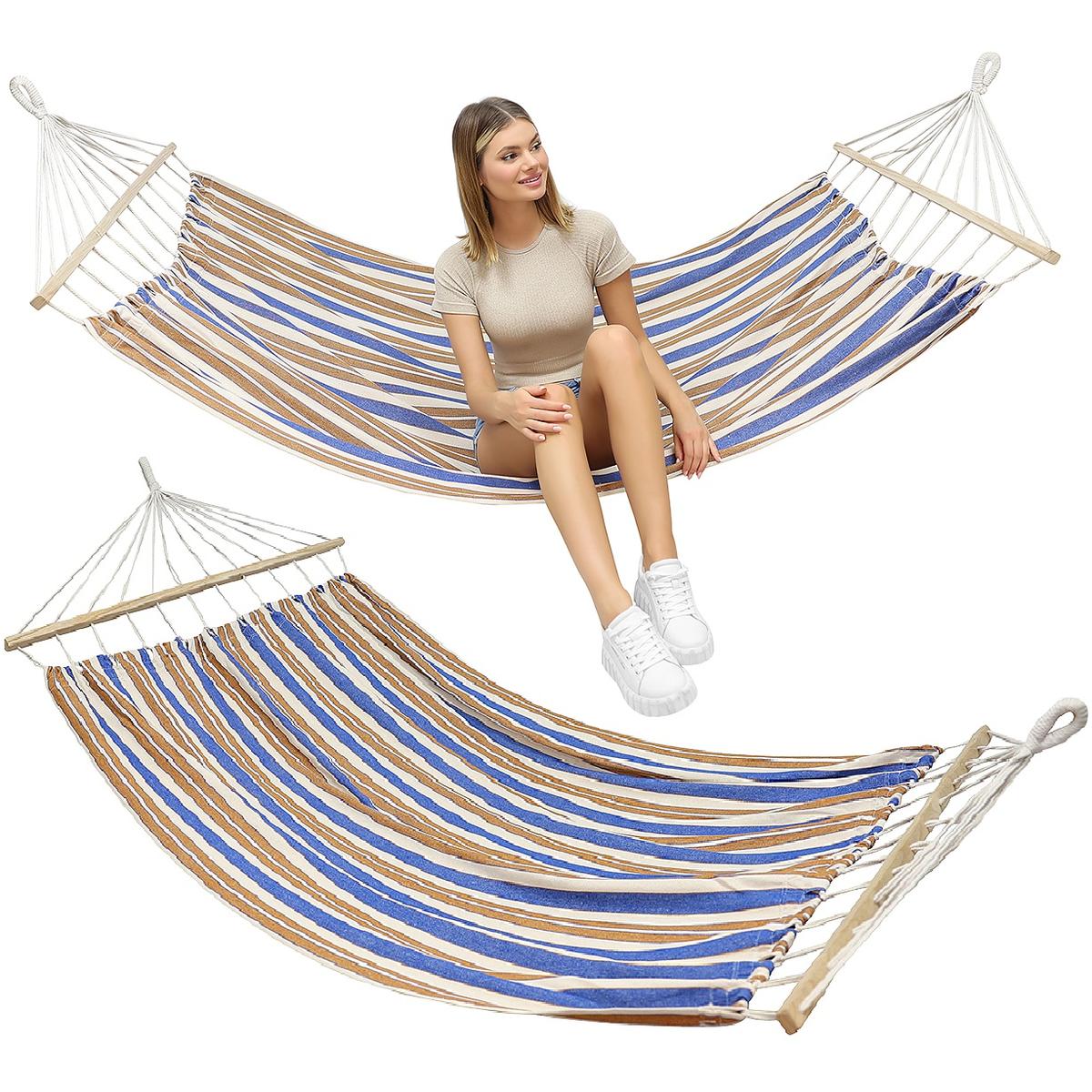 Hamac gradina cu bara din lemn, material textil, 120 kg, 200x100 cm, albastru si maro