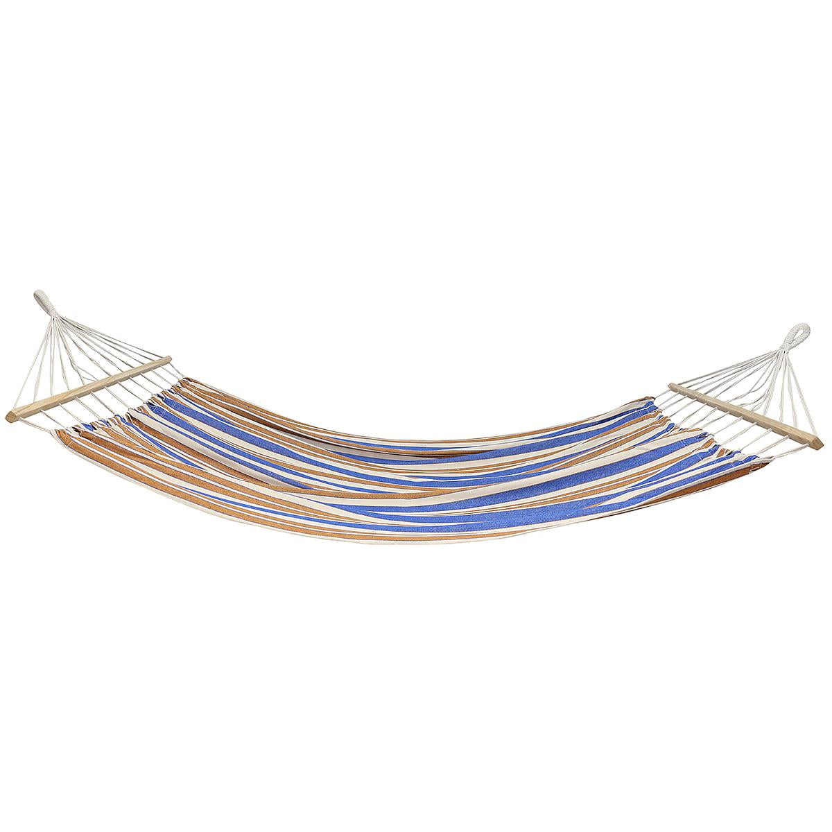 Hamac dublu cu bare din lemn, pentru 2 persoane, bumbac, 150kg, 200x150 cm, albastru si maro