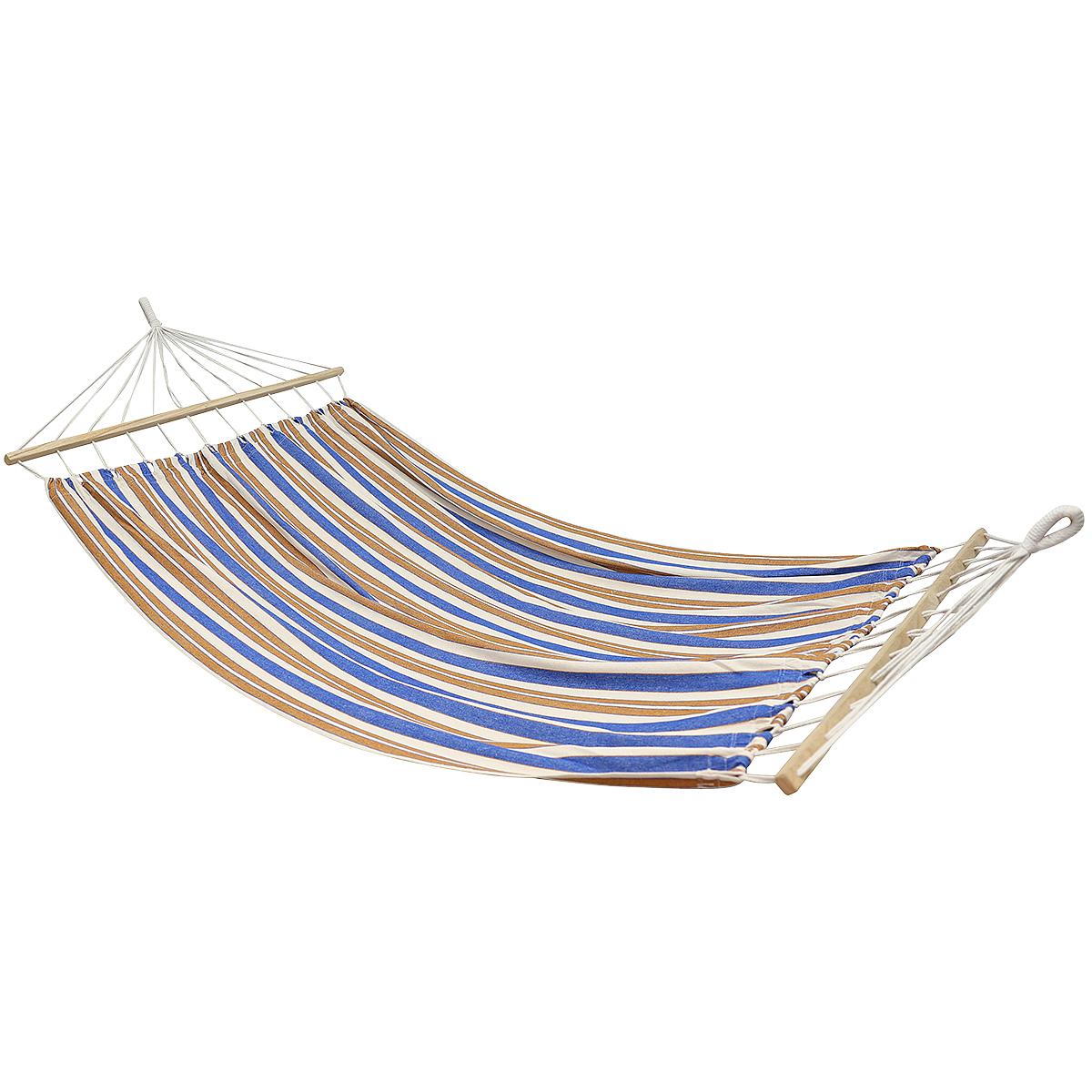 Hamac dublu cu bare din lemn, pentru 2 persoane, bumbac, 150kg, 200x150 cm, albastru si maro