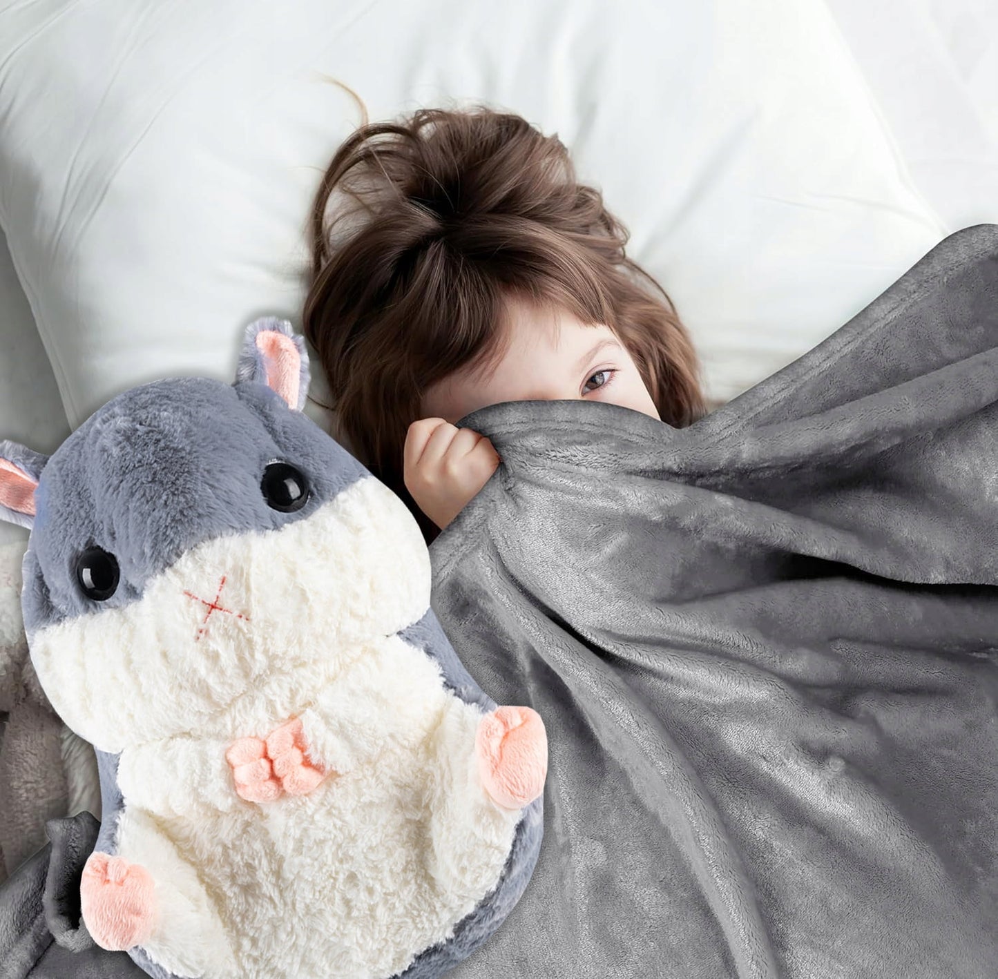 Jucarie plus hamster cu paturica ascunsa, plus moale pentru copii, 50x28 cm, gri - 8