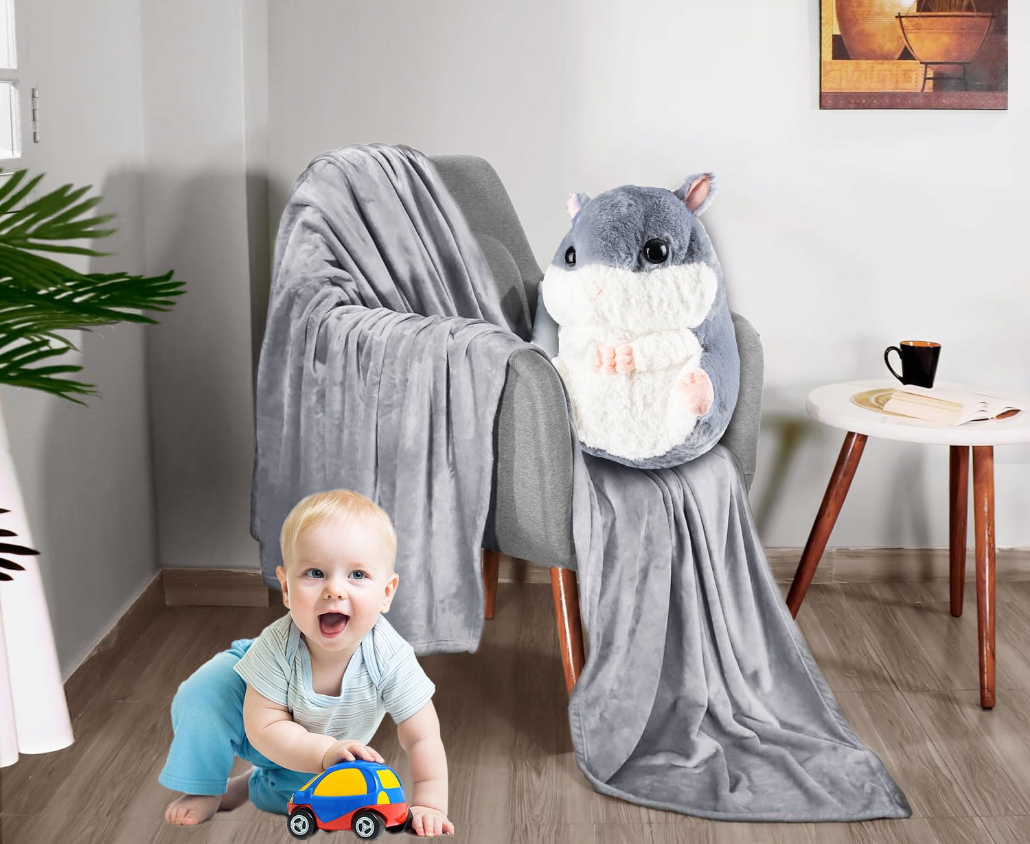 Jucarie plus hamster cu paturica ascunsa, plus moale pentru copii, 50x28 cm, gri