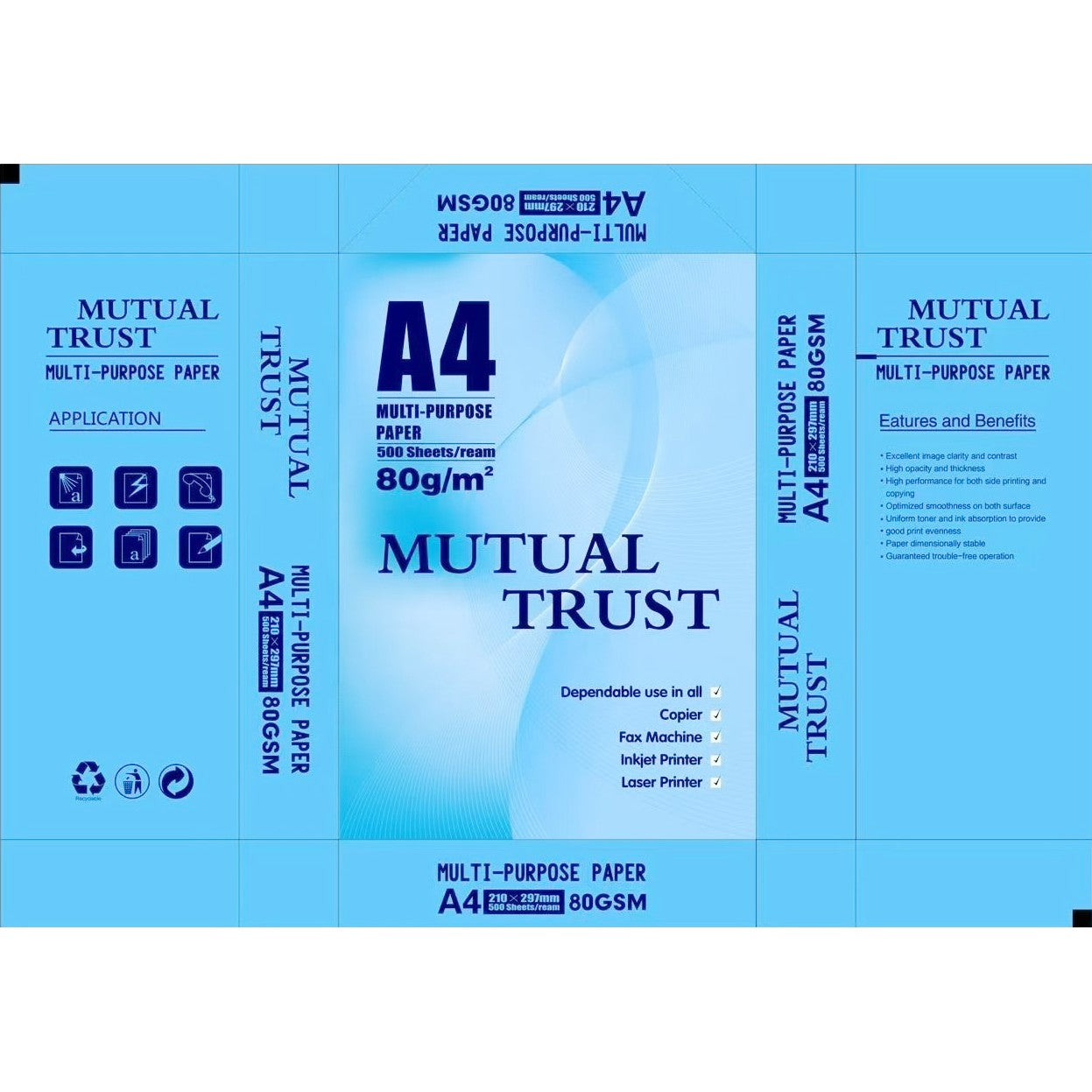 Hartie Copiator A4 Mutual Trust, 80 g/mp, 500 coli/top, 210 x 297 mm, Hartie Multifunctionala pentru Imprimanta si Copiator, Hartie