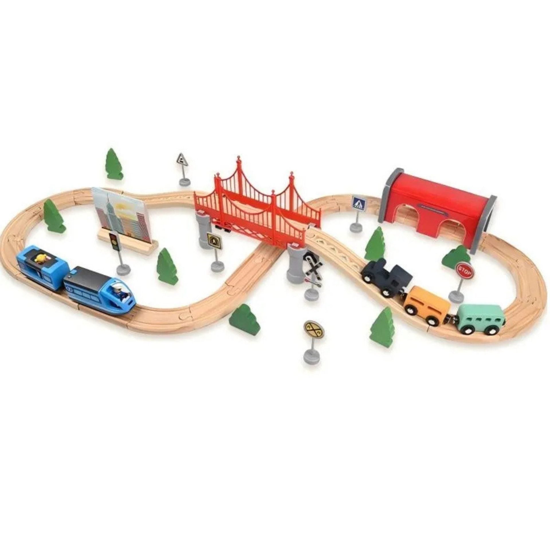 Set Trenulet Electric din Lemn, 52 Piese, Jucarie Educativa Montessori, Tunel High-Speed Journey, Tren de Viteza si Tren Marfa, 3 ani+, Multicolora