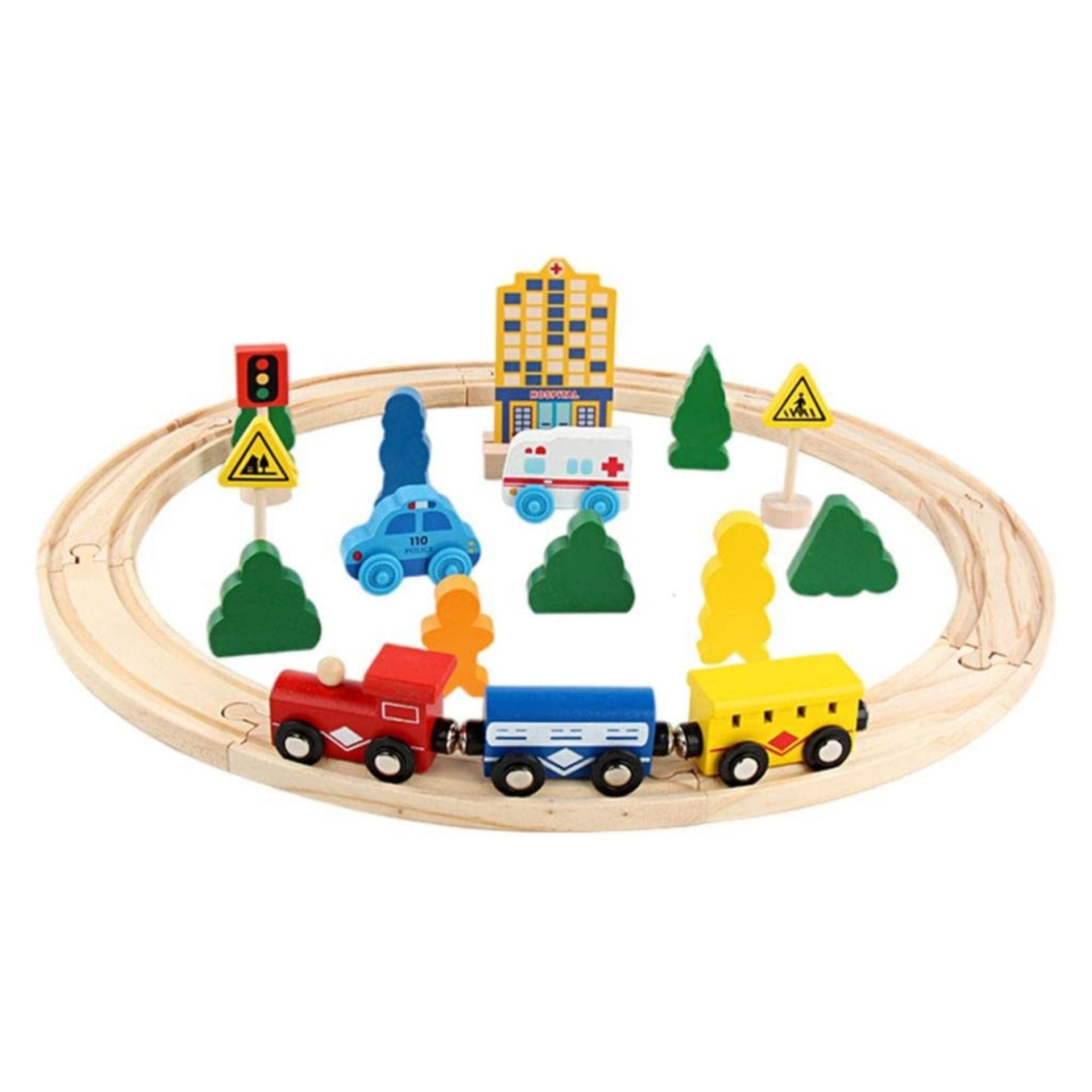 Set Circuit Trenulet din Lemn, Locomotiva Electrica cu Sine de Lemn, 26 Piese, Jucarie Educativa Montessori, Masini de Interventie si Accesorii Oras, 3 ani+, Multicolor