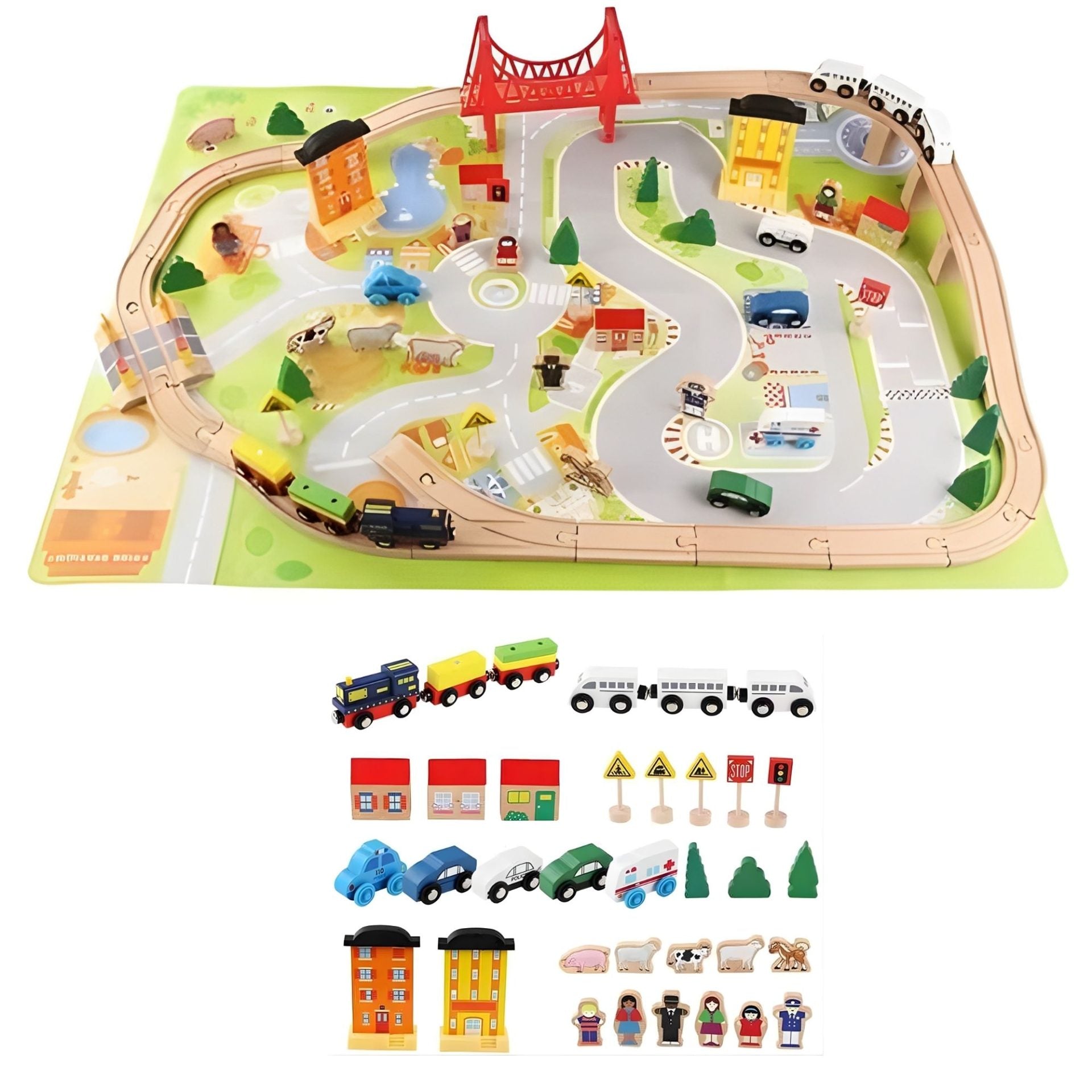 Set Circuit Trenulet din Lemn, 75 Piese, Locomotiva Electrica,Covoras de Joaca Inclus, Jucarie Educativa Montessori, Figurine Animale si Personaje, 3 ani+, Multicolor