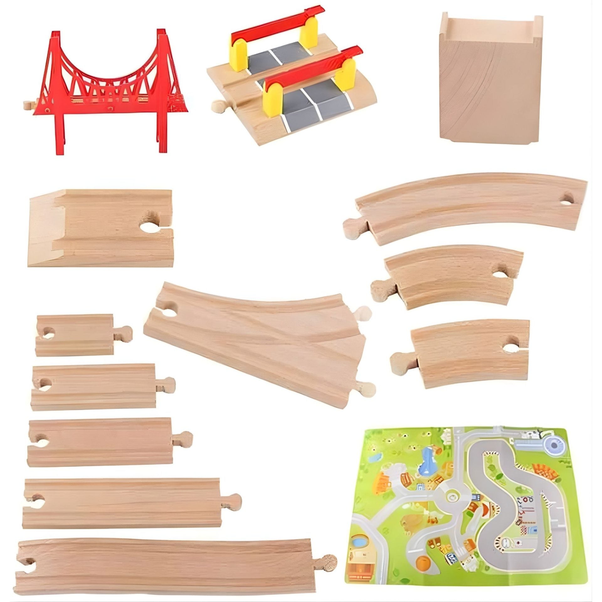 Set Circuit Trenulet din Lemn, 75 Piese, Locomotiva Electrica,Covoras de Joaca Inclus, Jucarie Educativa Montessori, Figurine Animale si Personaje, 3 ani+, Multicolor