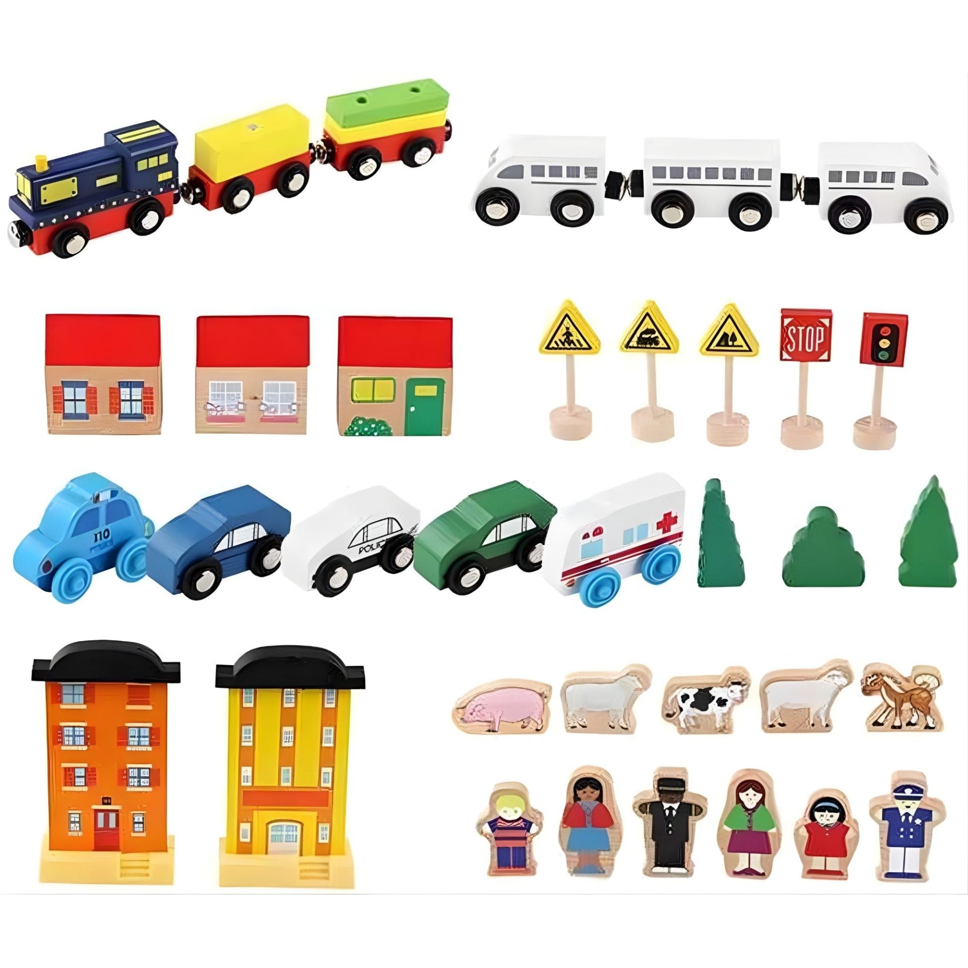 Set Circuit Trenulet din Lemn, 75 Piese, Locomotiva Electrica,Covoras de Joaca Inclus, Jucarie Educativa Montessori, Figurine Animale si Personaje, 3 ani+, Multicolor