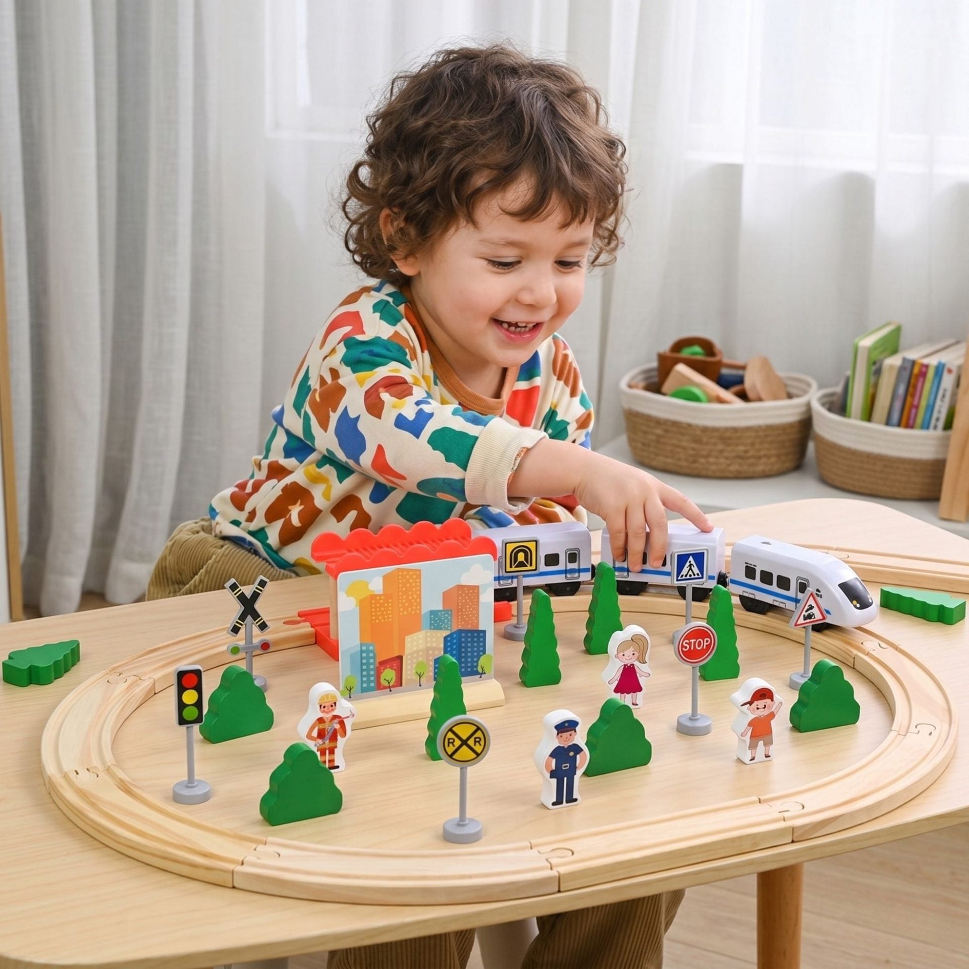 Set Circuit Trenulet din Lemn, Locomotiva Electrica cu Sine de Lemn, 35 Piese, Jucarie Educativa Montessori, Accesorii Oras si Figurine Personaje, 3 ani+, Multicolor