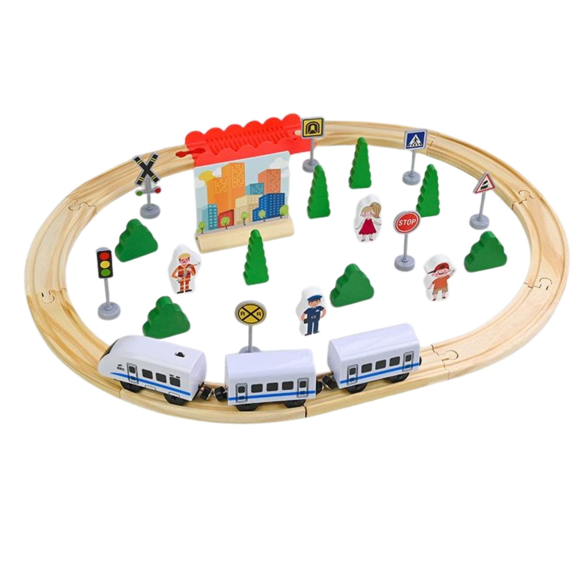 Set Circuit Trenulet din Lemn, Locomotiva Electrica cu Sine de Lemn, 35 Piese, Jucarie Educativa Montessori, Accesorii Oras si Figurine Personaje, 3 ani+, Multicolor