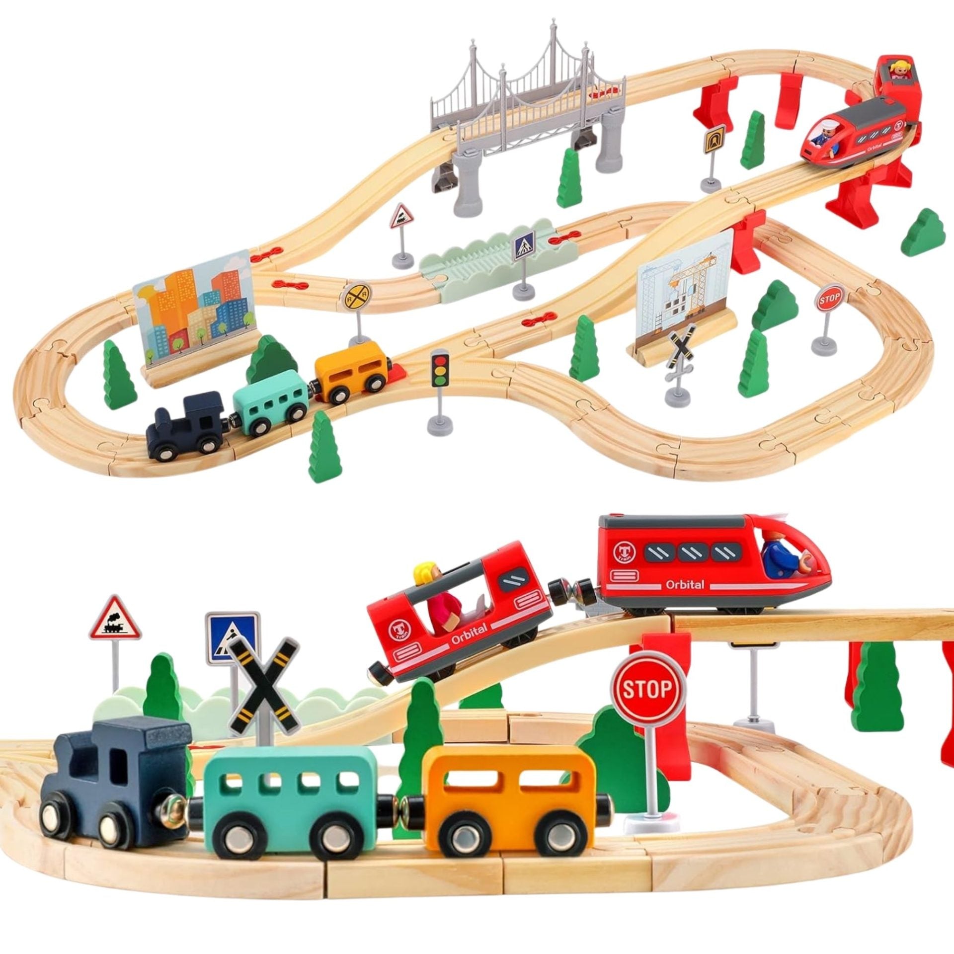 Set Circuit Trenulet din Lemn, Locomotiva Electrica cu Sine de Lemn, 72 Piese, Jucarie Educativa Montessori, Circuit Feroviar cu Pod, Accesorii Oras si Santier, 3 ani+, Multicolor