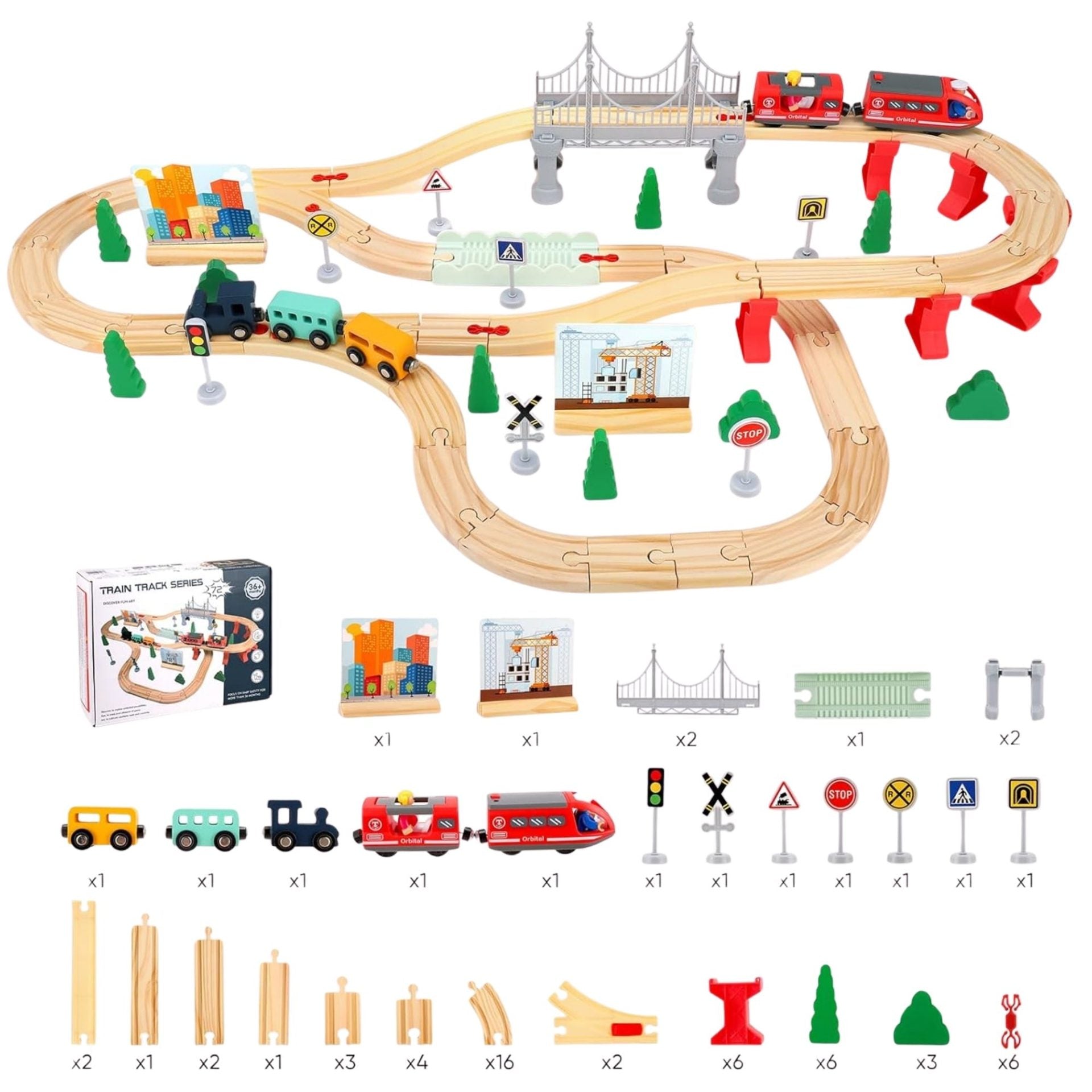 Set Circuit Trenulet din Lemn, Locomotiva Electrica cu Sine de Lemn, 72 Piese, Jucarie Educativa Montessori, Circuit Feroviar cu Pod, Accesorii Oras si Santier, 3 ani+, Multicolor