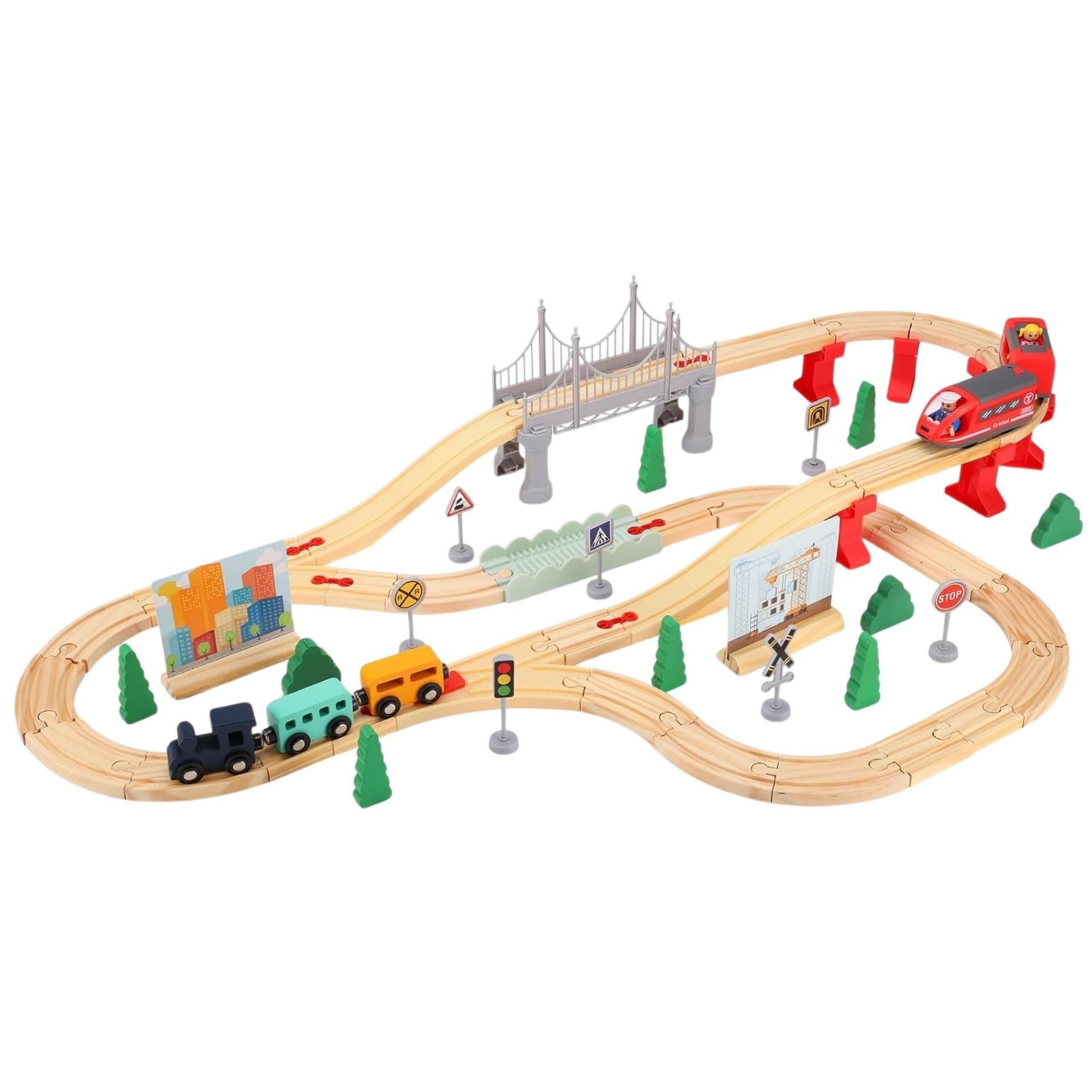 Set Circuit Trenulet din Lemn, Locomotiva Electrica cu Sine de Lemn, 72 Piese, Jucarie Educativa Montessori, Circuit Feroviar cu Pod, Accesorii Oras si Santier, 3 ani+, Multicolor