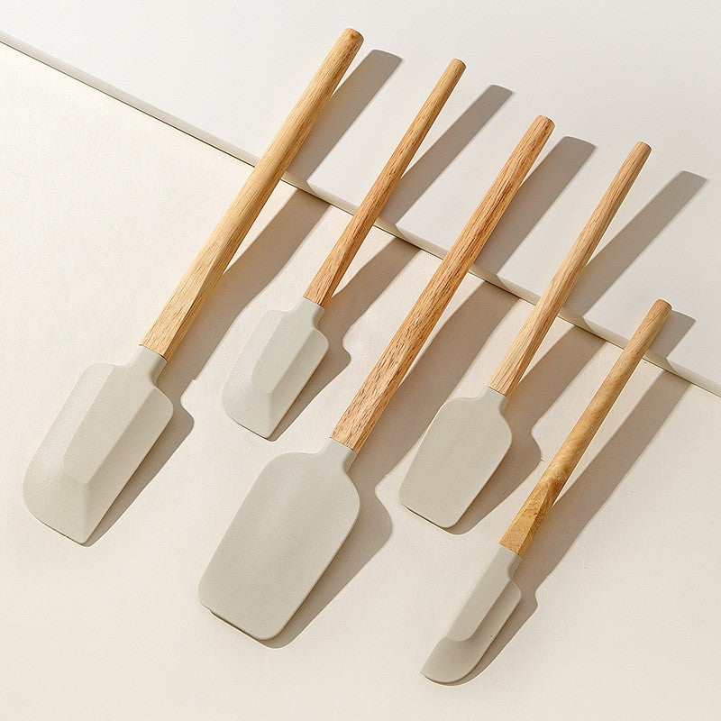 Set 5 Ustensile de Bucatarie, din Silicon si Lemn, Spatule de Diferite Dimensiuni, Termorezistente, Antiaderente, Bej-Maro
