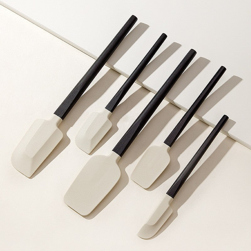 Set 5 Ustensile de Bucatarie, din Silicon si Lemn, Spatule de Diferite Dimensiuni, Termorezistente, Antiaderente, Alb-Negru