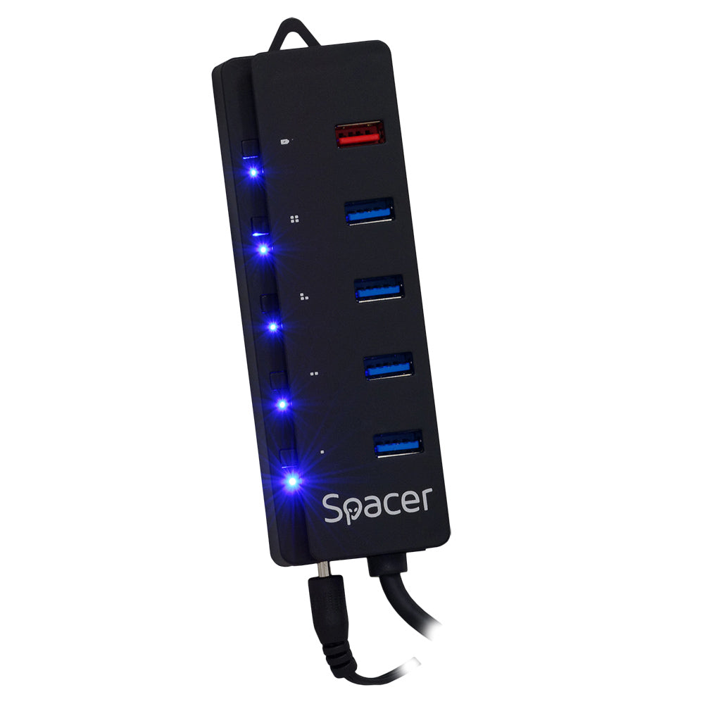 HUB extern SPACER, porturi USB: USB 3.0 x 4, Port USB Quick Charge x 1, conectare prin USB 3.0, Alimentare retea 220V,negru, "SPH-4USB30-1QC"