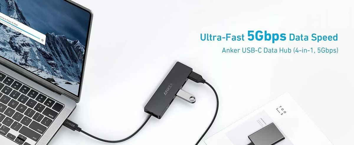 HUB Anker, 4-in-1, USB 3.0 x 4 porturi, incarcare prin USB Type-C, viteza 5 Gbps, conectare prin USB-C, negru, 