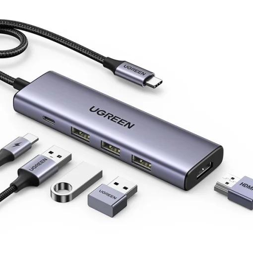 DOCKING Station Ugreen, "CM498" conec PC USB Type-C, USB 3.2 x 2|HDMI 4Kx1 la 60Hz|USB-C x 2 PD 100W, aluminiu, gri "45379" - 6941876243792