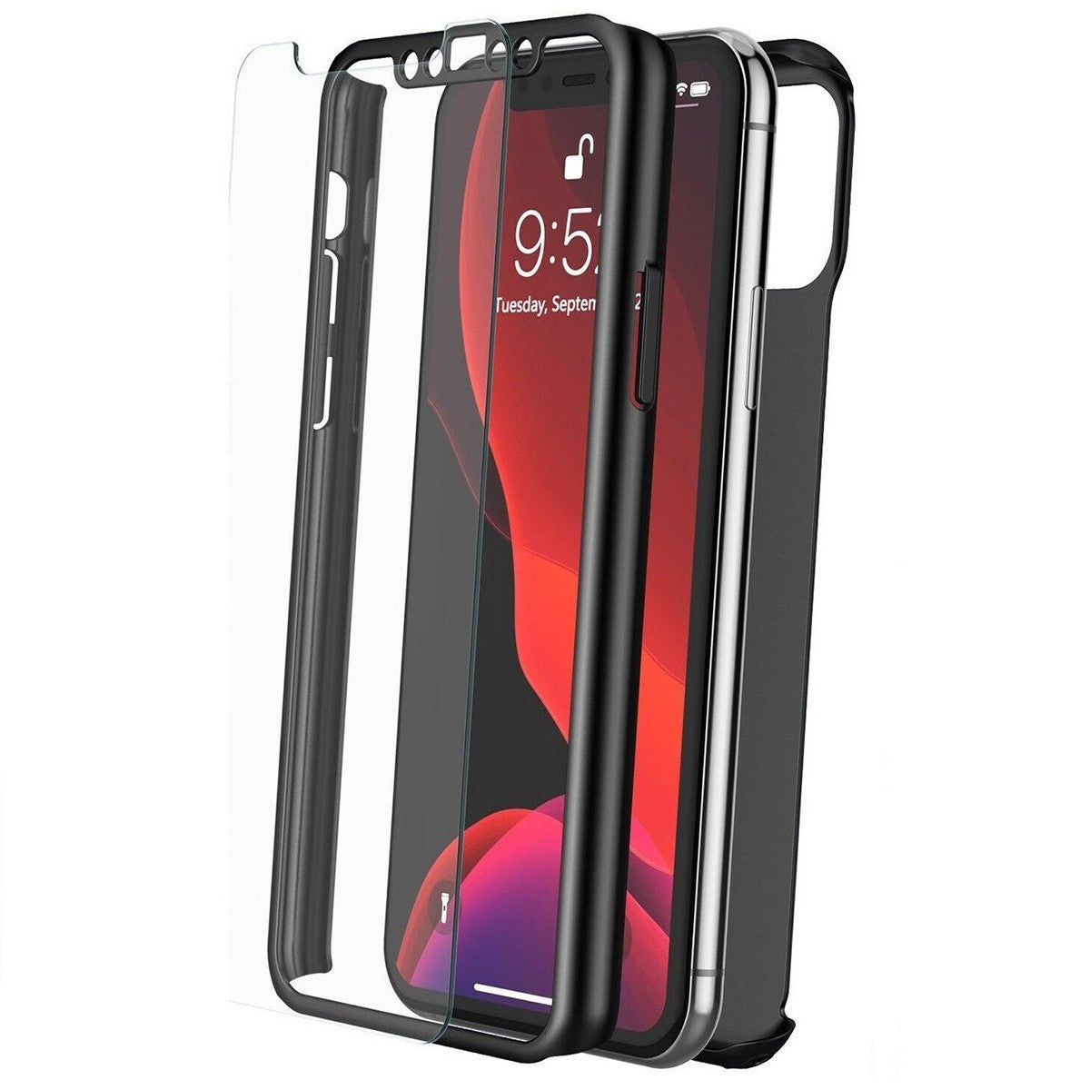 Husa de Protectie, pentru Apple iPhone 11 Pro, cu Acoperire Completa 360 si Folie de Protectie din Plastic, Negru