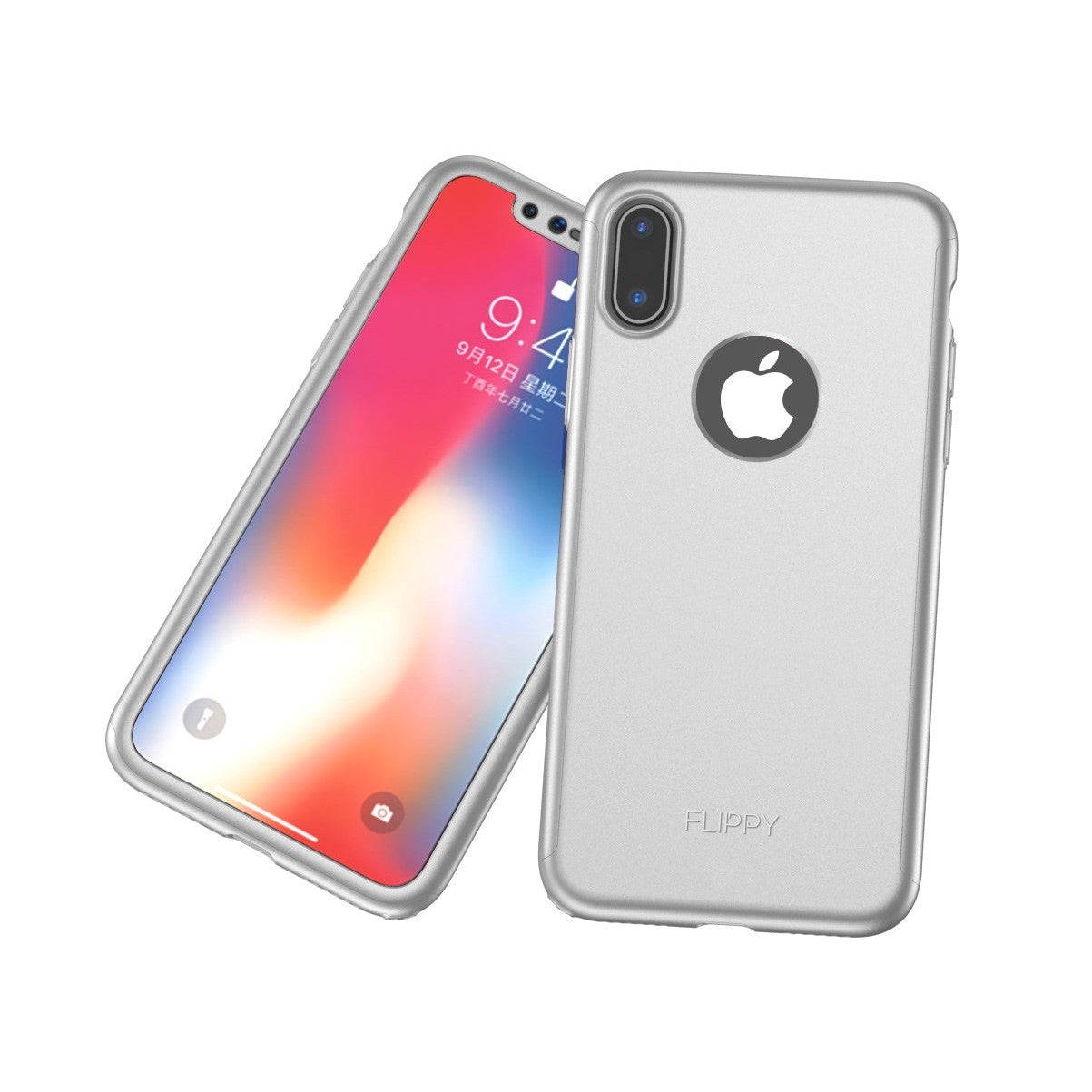 Set Husa si Folie de Protectie, Compatibila cu Apple iPhone X, Full Cover 360°, Plastic + Sticla, Argintiu